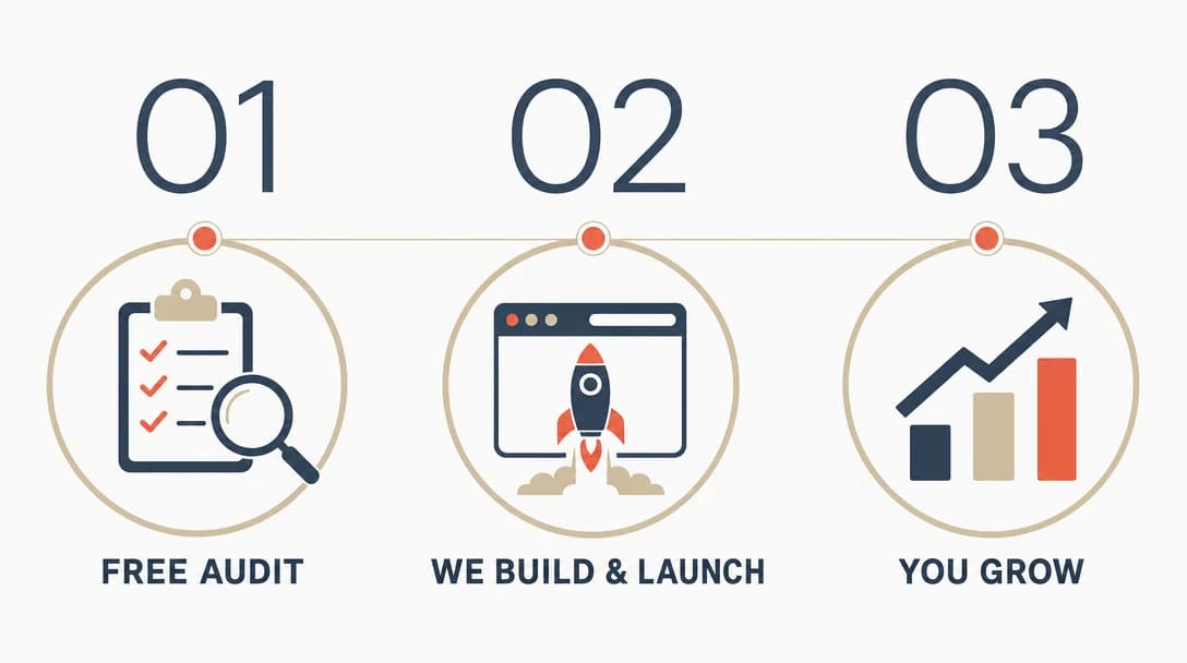 The three steps: free audit, we build and launch, you grow.