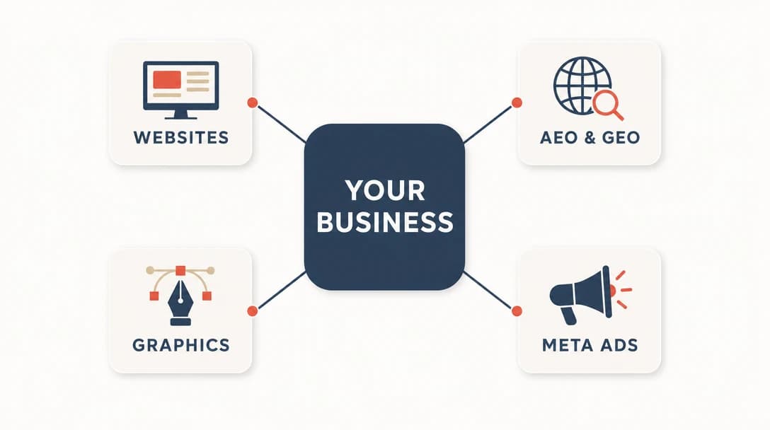 Your business at the centre, with websites, AEO and GEO, graphics and Meta ads around it.